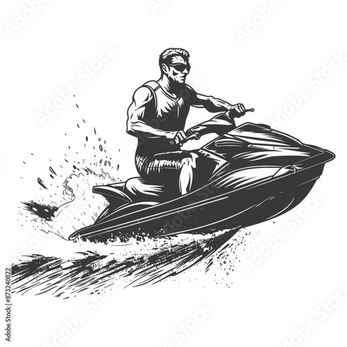 Monochrome illustration of a man riding a jet ski through splashing waves