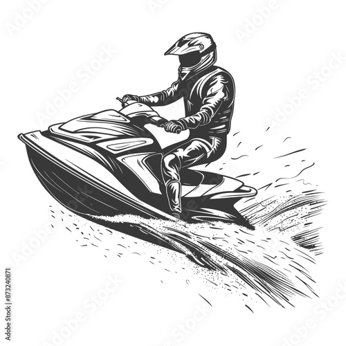 Black and white illustration of a man riding a jet ski across the water.