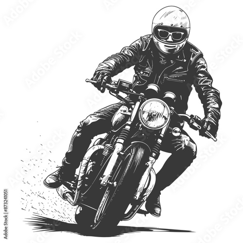 Vintage engraving sketch of a man riding a motorcycle
