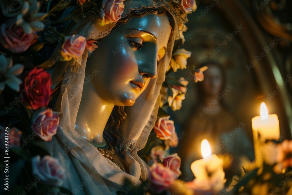 A close-up of a beautifully decorated statue of the Virgin Mary, adorned with flowers and candles. A close-up of a beautifully decorated statue of the Virgin Mary, adorned with flowers and candles.
