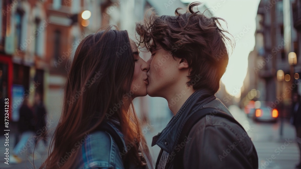 Young man in love kisses his girlfriend in city. Young man in love kisses his girlfriend in city.