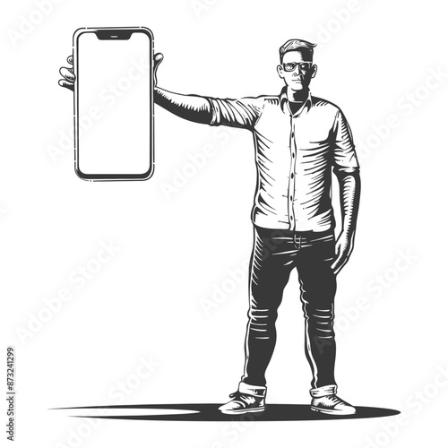 Illustration of a man holding a smartphone in one hand and the other hand holding his pants pocket