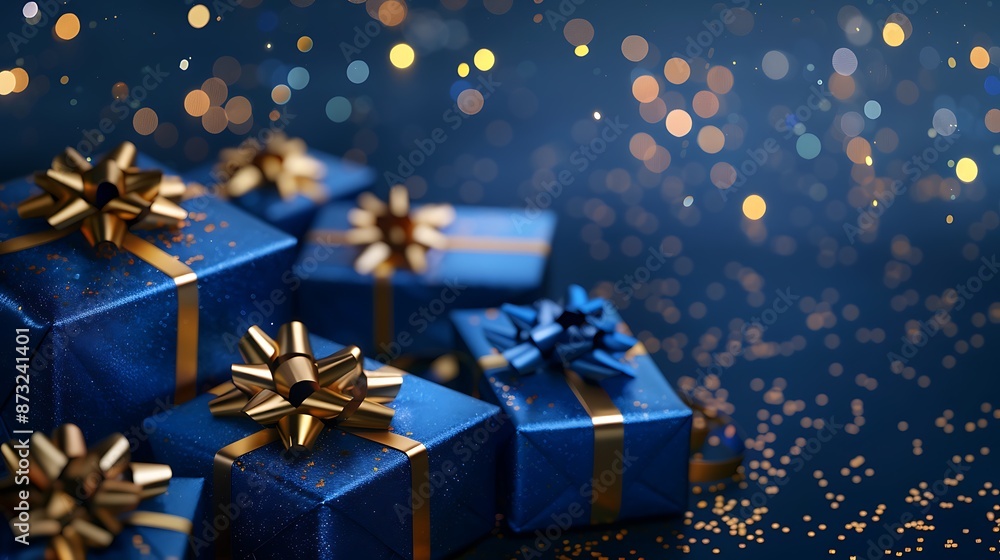 High-quality illustration of blue presents with shiny golden ribbons, set against a royal blue backdrop with twinkling gold stars, modern style High-quality illustration of blue presents with shiny golden ribbons, set against a royal blue backdrop with twinkling gold stars, modern style