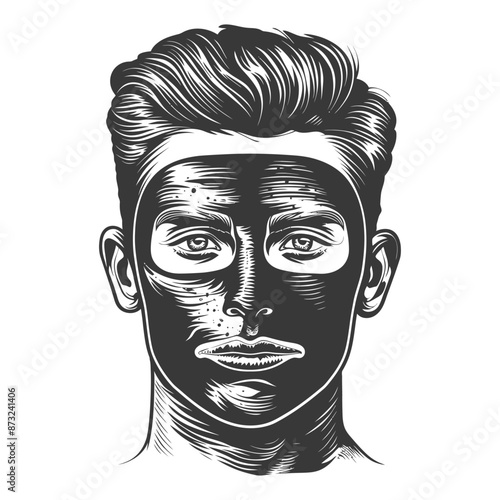 Black and white illustration of a man with a facial mask on his face