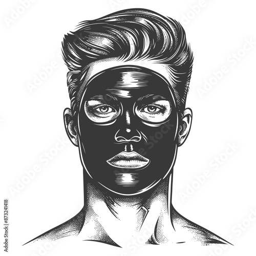 Black and white sketch of a man with a facial mask on his face