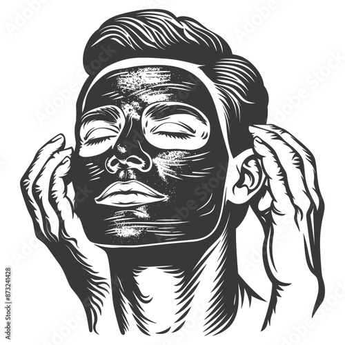 Black and white illustration of a man applying a facial mask