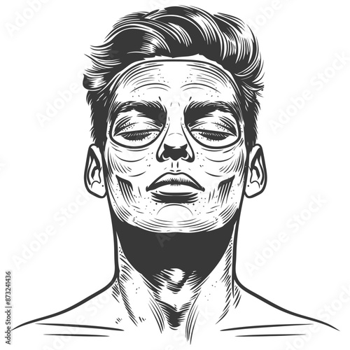 Detailed black and white line art of a man's face with eyes closed