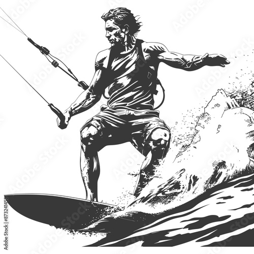 Illustration of a kitesurfer riding a wave