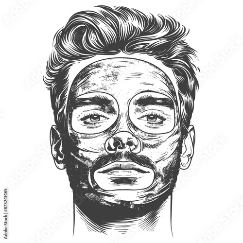 Black and white illustration of a man with a facial mask on his face