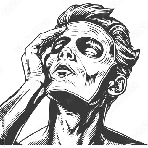 Haunting depiction of a man removing his mask revealing his true identity