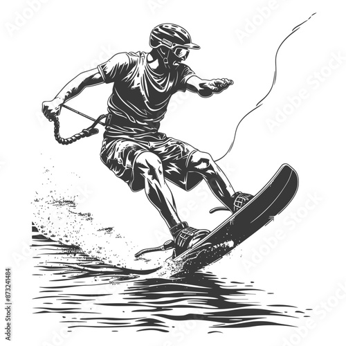 Wakeboarding through the waves, a man enjoys the thrill of the ride.