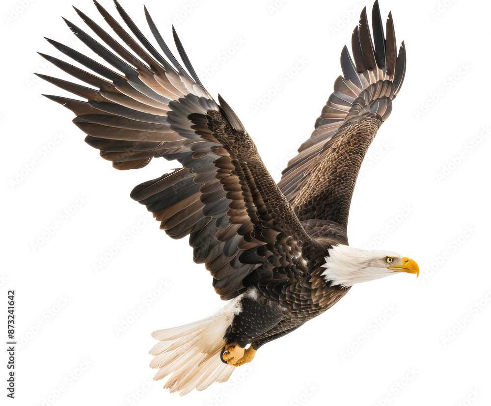 Obraz premium Bald eagle in flight with wings spread on white background..