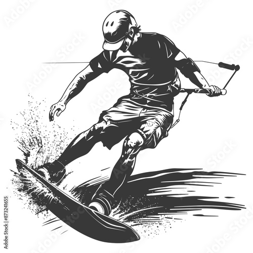 Wakeboarding through the waves, a man enjoys the thrill of the ride