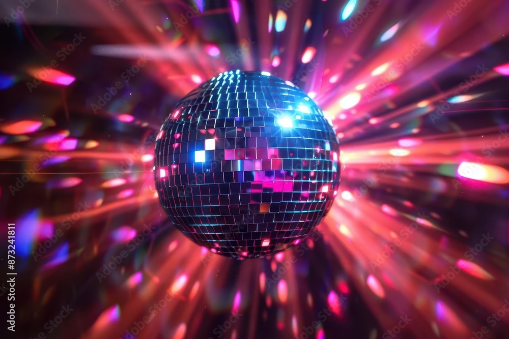 Fototapeta premium dazzling disco ball suspended in dark space reflecting kaleidoscopic light patterns swirling beams of color create mesmerizing dance floor atmosphere aigenerated party ambiance