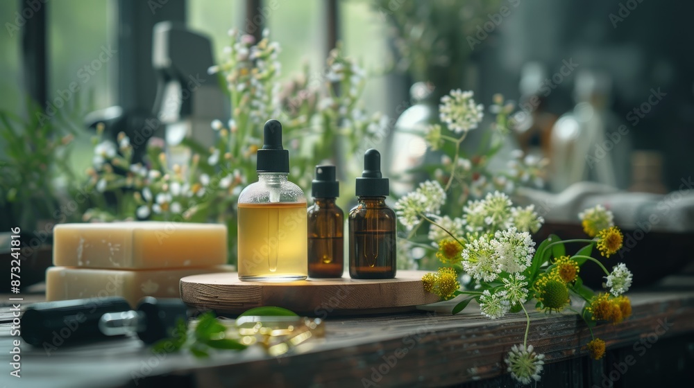 Natural Essential Oils Bottles Displayed on Wooden Table with Flowers and Soap Natural Essential Oils Bottles Displayed on Wooden Table with Flowers and Soap