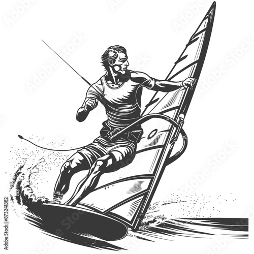 Black and white illustration of a windsurfer riding a wave