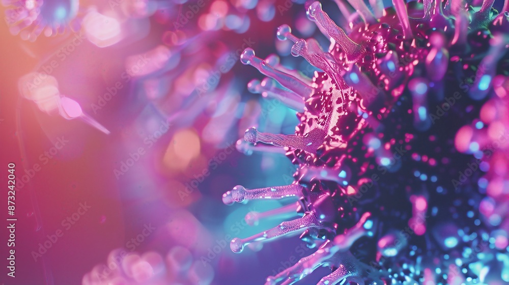 Close-up of a vibrant and colorful virus illustration, showcasing intricate details of a microscopic organism in pink and blue hues. Close-up of a vibrant and colorful virus illustration, showcasing intricate details of a microscopic organism in pink and blue hues.