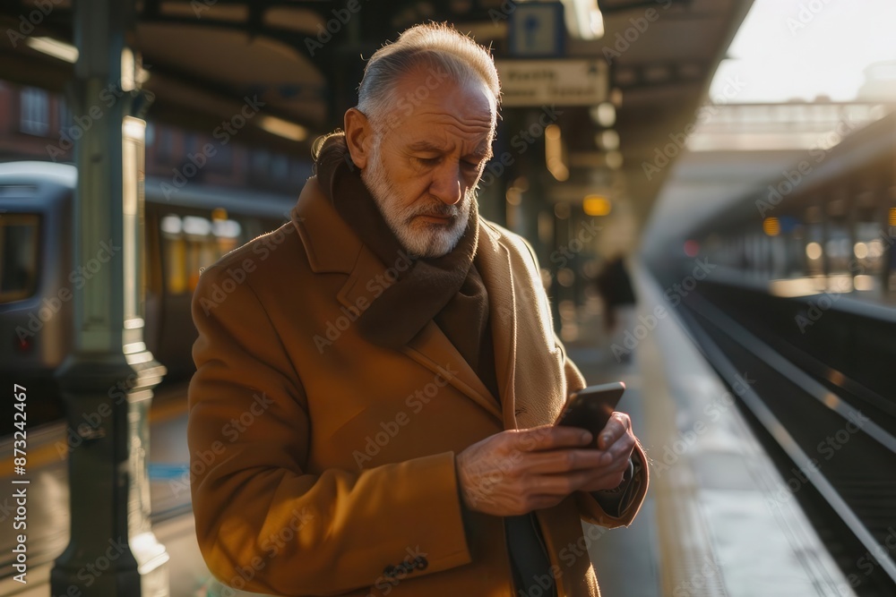 distinguished middleaged man in stylish brown coat checks smartphone while waiting for train urban railway station backdrop and golden hour lighting create cinematic scene of modern commuter life distinguished middleaged man in stylish brown coat checks smartphone while waiting for train urban railway station backdrop and golden hour lighting create cinematic scene of modern commuter life