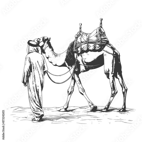 Traditional Arabian Man Leading a Camel Through the Desert