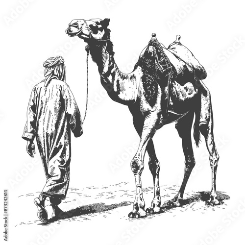 Man walking with camel in desert