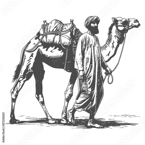 Man walking with camel in desert