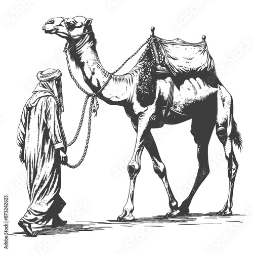 Traditional Arabian Man Leading a Camel in the Desert