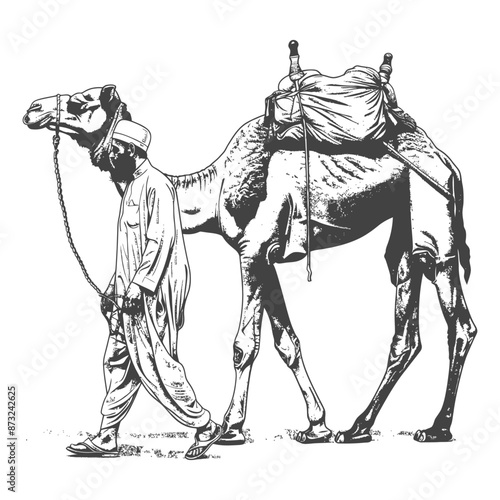 Man walking with camel in desert