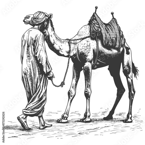 Man walking with camel in desert
