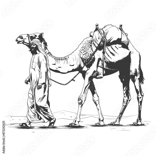 Man walking with camel in desert