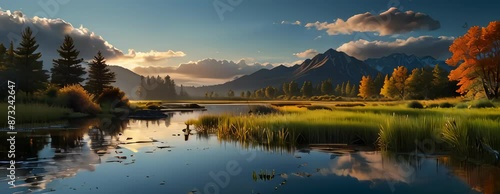 Beautiful Mountain Landscape with Lake and Autumn Trees: Serene Nature Scenery at Sunset