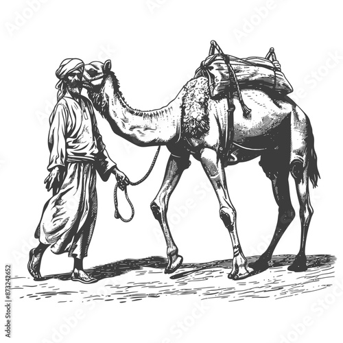 Man walking with camel in desert