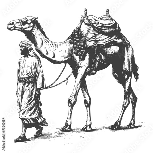 Traditional Arabian Man Leading a Camel in the Desert