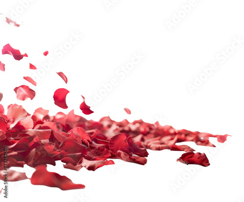 Falling rose petals on white background.. photo