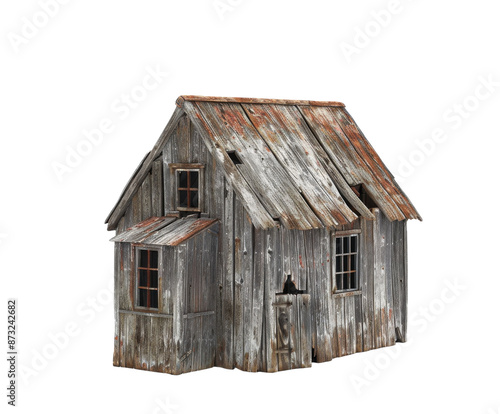 Old wooden house with weathered walls and rusty roof on white background.. photo