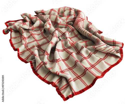 Vintage kitchen cloth with red border and checkered pattern on white background.. photo