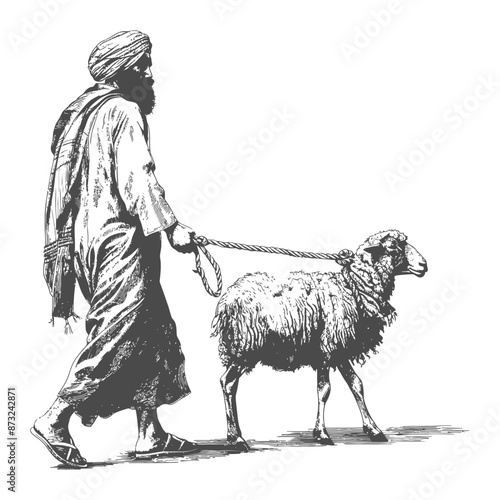 Traditional middle eastern man walking with sheep