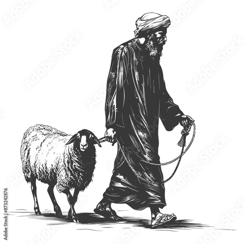 A man wearing a turban and thobe leads a sheep on a rope