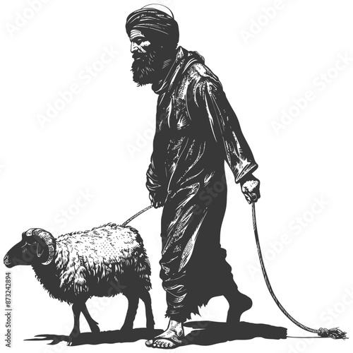 Sketch of a man in a turban leading a ram by a rope
