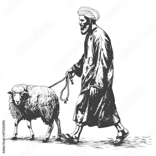 Man in traditional clothing walking with a sheep
