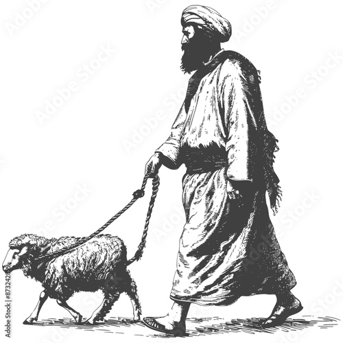 Man in traditional clothing walking with a sheep