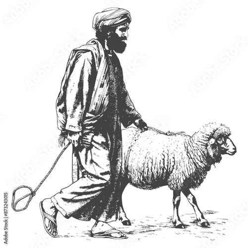 Shepherd Leading Sheep in Traditional Clothing
