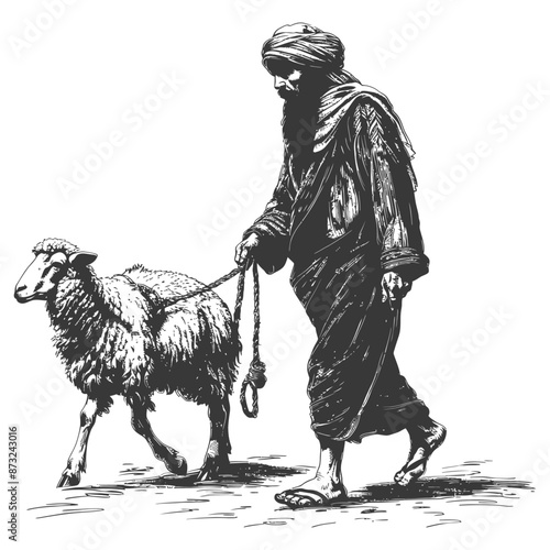 Ancient middle eastern man walking with sheep