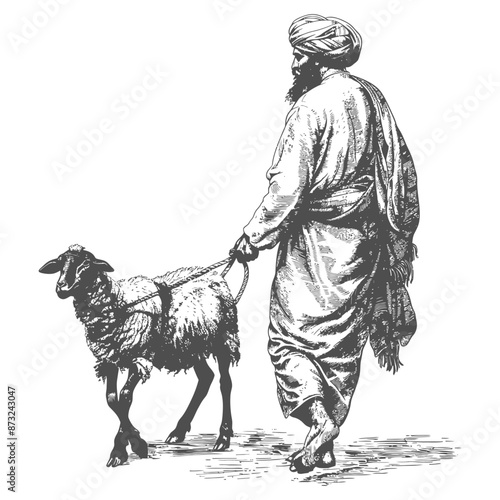 Sketch of a man in traditional clothing walking with a sheep