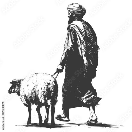 Silhouette of a man in a turban leading a sheep