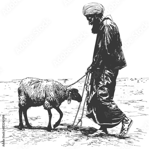 Sketch of a man in a turban leading a sheep on a rope