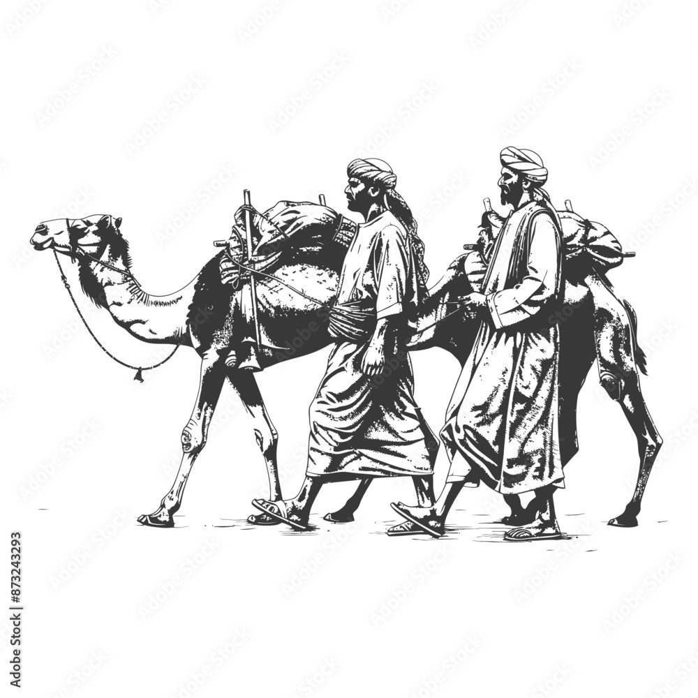Fototapeta premium Ancient Arabian Merchants Traveling by Camel in the Desert