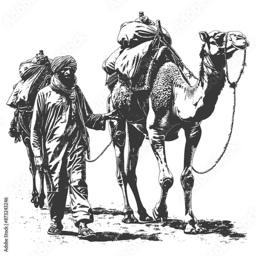 Man walking with two camels in the desert