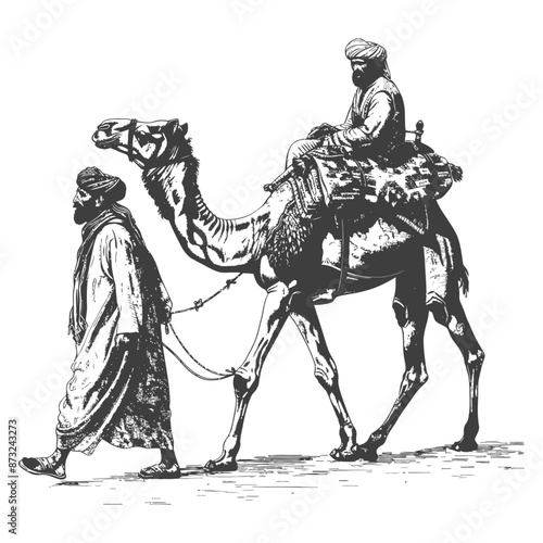 Traditional middle eastern men walking with camel in desert