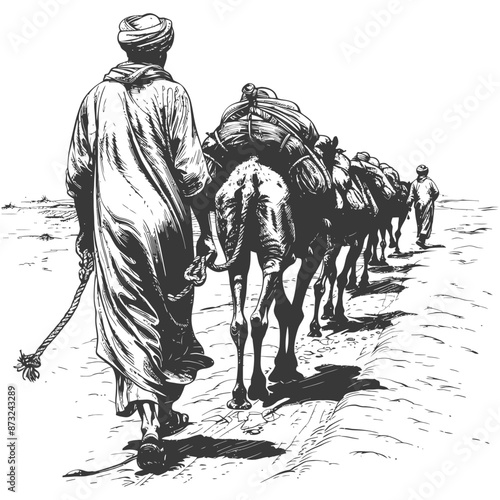 muslim men walking leading tied camels with engraving style