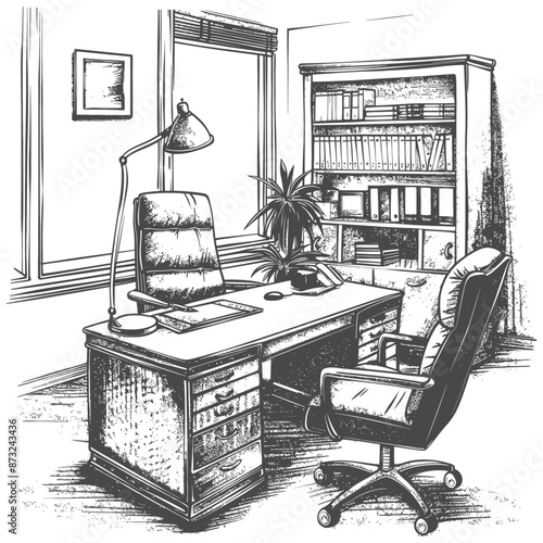 Hand drawn sketch of a home office with a desk, chair, and bookcase
